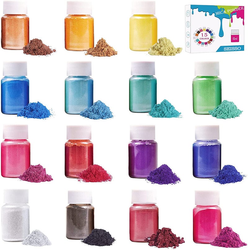 SEISSO Mica Powder for Epoxy Resin, SEISSO 15 Colors Mica Powder Set for Painting Pigments, Nail Polish, Resin Arts, Lip Gloss, Make up and Bath Bomb Dye (0.35oz/10g Each Bottle) - Image 1